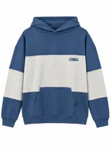 Canguro con capucha y bolsillo tipo canguro, con diseño en bloques de color azul y gris melange, y el texto "CHILL" bordado en el pecho.