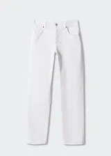 Jeans de corte recto y tiro medio, confeccionados en tejido de algodón estilo tejano. Presentan diseño de cinco bolsillos, cierre de botones y trabillas para cinturón.