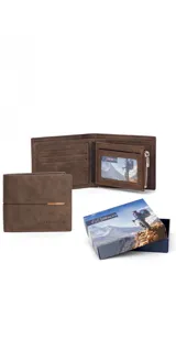 Billetera plegable para hombre de cuero sintético color marrón, con diseño de costuras decorativas, compartimentos para tarjetas, visor para documentos y bolsillo interno con cierre.