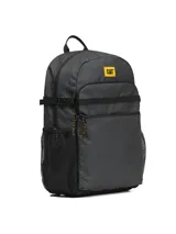 Mochila urbana Cat color gris, con compartimento principal amplio, bolsillo frontal con cierre, correas de compresión laterales, bolsillos laterales de malla y logo de la marca en parche amarillo.