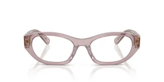 Lentes Miu Miu 03W de armazón translúcido en color rosado, con diseño de ojo de gato y patillas gruesas.