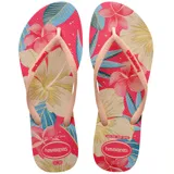 Sandalias tipo ojotas Havaianas modelo Slim, con estampado floral en tonos rosados, azules y beige. Presentan tiras finas en color rosado con el logo de la marca en relieve.
