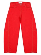 Pantalón de tiro bajo y fit barrel confeccionado en mezcla de lino y algodón, con costuras pespunteadas a contratono y bolsillos delanteros.