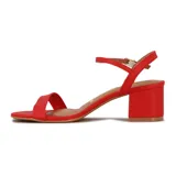 Sandalias de tacón medio grueso Vizzano, color rojo, con tira delantera simple y tira ajustable al tobillo con hebilla dorada.