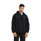 Campera negra con capucha, cierre con botones a presión, bolsillos frontales con solapa y puños elásticos.