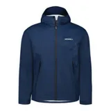 Chaqueta impermeable de hombre, color azul marino, con capucha ajustable, cierre frontal completo, bolsillos laterales con cierre y puños ajustables con velcro. Diseño técnico con tecnología resistente al agua y al viento.
