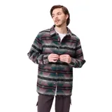 Camisa de franela con diseño de estampado geométrico étnico en tonos verdes, rosas y negros. Presenta cuello clásico, cierre frontal con botones y mangas largas.