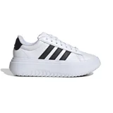 Championes Adidas Grand Court Platform, color blanco con detalles en negro, con suela de plataforma. Inspirados en el estilo deportivo de los años 70.