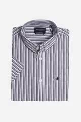 Camisa de manga corta a rayas verticales grises y blancas, con cuello abotonado, bolsillo en el pecho y logo bordado. Corte regular.