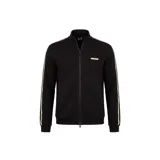 Campera deportiva Armani EA7 de color negro con cierre frontal completo y cuello alto. Presenta bandas laterales en las mangas con el logo de la marca y un pequeño parche con el logo en el pecho.