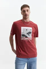 Remera de manga corta color ladrillo con estampado geométrico en el frente.