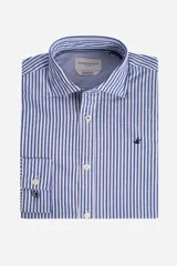 Camisa de manga larga Brooksfield con diseño de rayas verticales en azul y blanco. Presenta cuello clásico, cierre frontal con botones y logo bordado en el pecho.