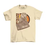 Remera color beige con estampa frontal de ET dentro de una caja, con el texto 'Humans Sucks!' y diseño circular de fondo en tonos naranjas y marrones.