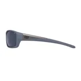 Lentes de sol Cat con armazón gris mate, cristales oscuros y patillas con diseño de camuflaje en tonos gris y amarillo. Presentan el logo de la marca en las varillas.