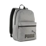 Mochila Puma Phase III, color gris melange, con logo y felino en negro en el bolsillo frontal. Presenta un compartimento principal amplio y un bolsillo frontal con cierre.