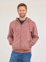 Campera con capucha de felpa, con cierre frontal completo, bolsillos tipo canguro y cordones ajustables en la capucha.