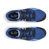 Championes de básquetbol Under Armour Lockdown 7 Low, con diseño de corte bajo. Presentan una combinación de colores azul, negro y detalles en celeste, con entresuela blanca de EVA para amortiguación y suela de caucho con patrón de tracción en espiga.
