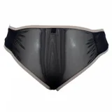 Bombacha semivedetina de tul transparente negro con detalles de ribetes en color nude.