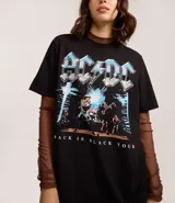 Remera de manga corta negra con estampado frontal de la banda AC/DC, con el logo en tonos azules y grises y una imagen de la banda en vivo con el texto "Back in Black Tour".