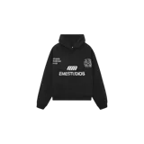 Hoodie de felpa oversize en color negro, con capucha, bolsillo frontal tipo canguro y múltiples estampas gráficas contrastantes en el pecho de la marca Eme Studios.