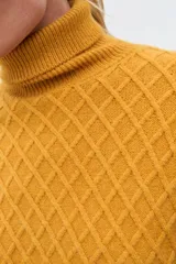 Polera de tejido de punto color ocre con cuello alto, diseño de rombos en relieve en el frente y mangas con detalle de trenzas laterales.