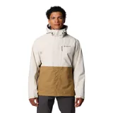 Campera impermeable Columbia Hikebound II con tecnología Omni-Tech, diseño bicolor en tonos crema y marrón, capucha ajustable, cierre frontal, bolsillos con cremallera y puños ajustables.