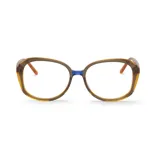 Lentes Mr Boho modelo Linda, con armazón de acetato translúcido en tonos marrón, mostaza y puente azul.