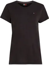 Remera negra de corte slim, cuello redondo y manga corta con dobladillo. Logo de Tommy Hilfiger bordado en el pecho.