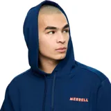 Buzo con capucha y bolsillo frontal tipo canguro, color azul marino con logo de la marca estampado en color naranja en el pecho.