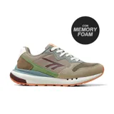 Championes deportivos Hi-Tec modelo Phoenix Lady, con diseño multicolor que combina tonos tierra, verde y detalles en bordó. Presentan una construcción con paneles de gamuza y malla, entresuela con tecnología Memory Foam y suela de goma con relieve.