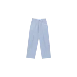Pantalón baggy Eme Studios de corte recto y tiro medio, con diseño a rayas verticales celestes y blancas. Cuenta con bolsillos laterales y dobladillo vuelto en los tobillos.