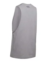 Musculosa deportiva Under Armour de corte holgado, color gris jaspeado, con sisas amplias y cuello acanalado. Presenta el logo de la marca estampado en el pecho.