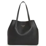 Cartera tote Guess modelo Vikky mediana, color negro con textura granulada y logo dorado en el frente.