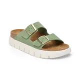 Sandalias Birkenstock Papillio Arizona Chunky color verde con dos correas ajustables con hebillas doradas, plantilla anatómica de corcho y suela de plataforma con ranuras.
