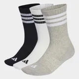 Pack de tres pares de medias deportivas Adidas de media caña, con diseño acolchado y ajuste en el arco plantar. Incluye un par negro, uno blanco y uno gris melange, todos con el detalle de las tres tiras características de la marca en la parte superior y el logo de las tres barras en la puntera.