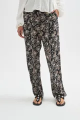 Babucha de viscosa con estampado floral en tonos marrones y beige, de corte recto y ajuste cómodo.