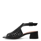 Sandalias de cuero negro con diseño calado láser en la capellada, taco block bajo y pulsera con hebilla ajustable al tobillo.