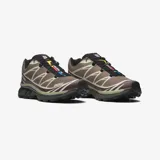Championes de trail running Salomon modelo XT-6, color marrón con detalles en negro y acentos multicolores en la lengüeta. Presentan una estructura técnica con refuerzos laterales, sistema de cordones rápidos y suela con tecnología de agarre avanzado.