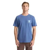 Remera azul de manga corta, con pequeño estampado gráfico en el pecho y efecto desteñido.