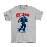 Remera gris de algodón con estampa frontal de Tom Cruise corriendo y el texto 'Impossible is nothing'.