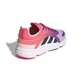 Championes deportivos Adidas modelo Sonkei, con diseño degradado en tonos rosados y violetas. Presentan las icónicas tres bandas laterales en color negro, cordones violetas y una suela blanca con detalles en rojo y violeta.