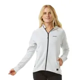 Canguro gris con cierre frontal, capucha y logo Rip Curl estampado en el pecho.