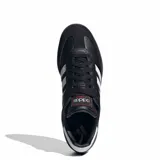 Championes Adidas Samba de mujer, color negro con las tres franjas características en plateado, puntera de ante y suela de goma translúcida.