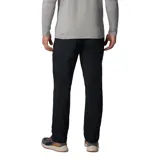 Pantalón técnico de corte recto, color negro, diseñado para actividades al aire libre. Cuenta con rodillas articuladas, múltiples bolsillos funcionales, incluyendo uno de seguridad con cremallera, y trabillas multifuncionales para cinturón. Fabricado con tecnología repelente al agua y protección solar.