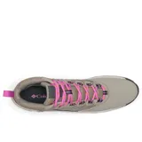 Botas de trekking Columbia Transverse Hike, modelo impermeable, en color gris con cordones rosados y detalles en negro y blanco. Confeccionadas con una parte superior de cuero y malla, entresuela TechLite y suela Omni-Grip.