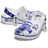 Zuecos Crocs clásicos de edición limitada inspirados en R2-D2 de Star Wars, en colores blanco y azul. Presentan un diseño estampado con detalles del droide, tira trasera ajustable y dijes Jibbitz exclusivos.