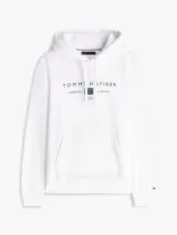 Buzo canguro blanco de puro algodón con capucha ajustable, bolsillo frontal tipo karkur y logo de Tommy Hilfiger estampado en el pecho con detalles en verde.