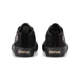 Zapatillas de media caña John Foos modelo 164 Flashback, reedición de los años 90 por el 40 aniversario de la marca. Capellada y caña de lona reteñida color negro con bordado del logo retro en gris plata. Cordones chatos negros, costuras color beige y base de caucho vulcanizado color negro con doble filete. Plantilla extraíble de caucho moldeado y base textil.