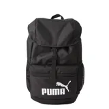 Mochila Puma Phase Hooded color negro, con cierre de solapa superior y hebilla ajustable. Presenta logo de la marca estampado en blanco en la parte inferior, bolsillos laterales de malla y compartimento frontal con cierre.