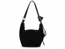 Cartera bandolera de gamuza color marrón topo, con correa ajustable de cuero marrón oscuro.
